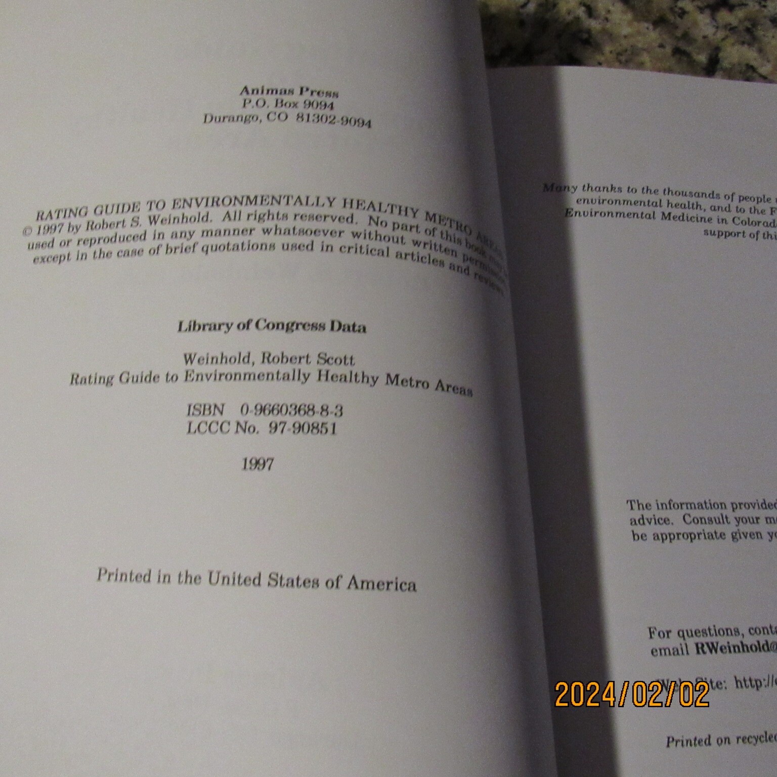 Rating Guide to Environmentally Healthy Metro Areas-Robert Weinhold-PB Book-1997