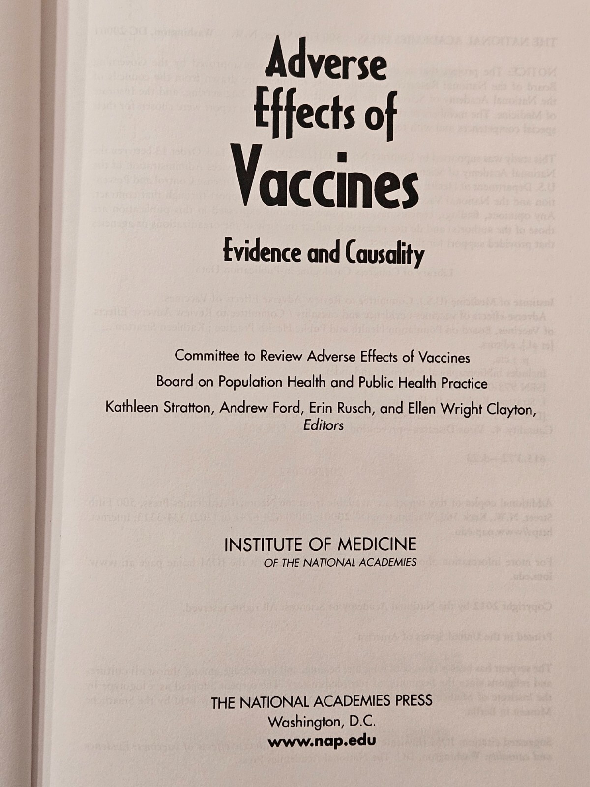 Adverse Effects of Vaccines: Evidence and Causality, 2012 hardcover