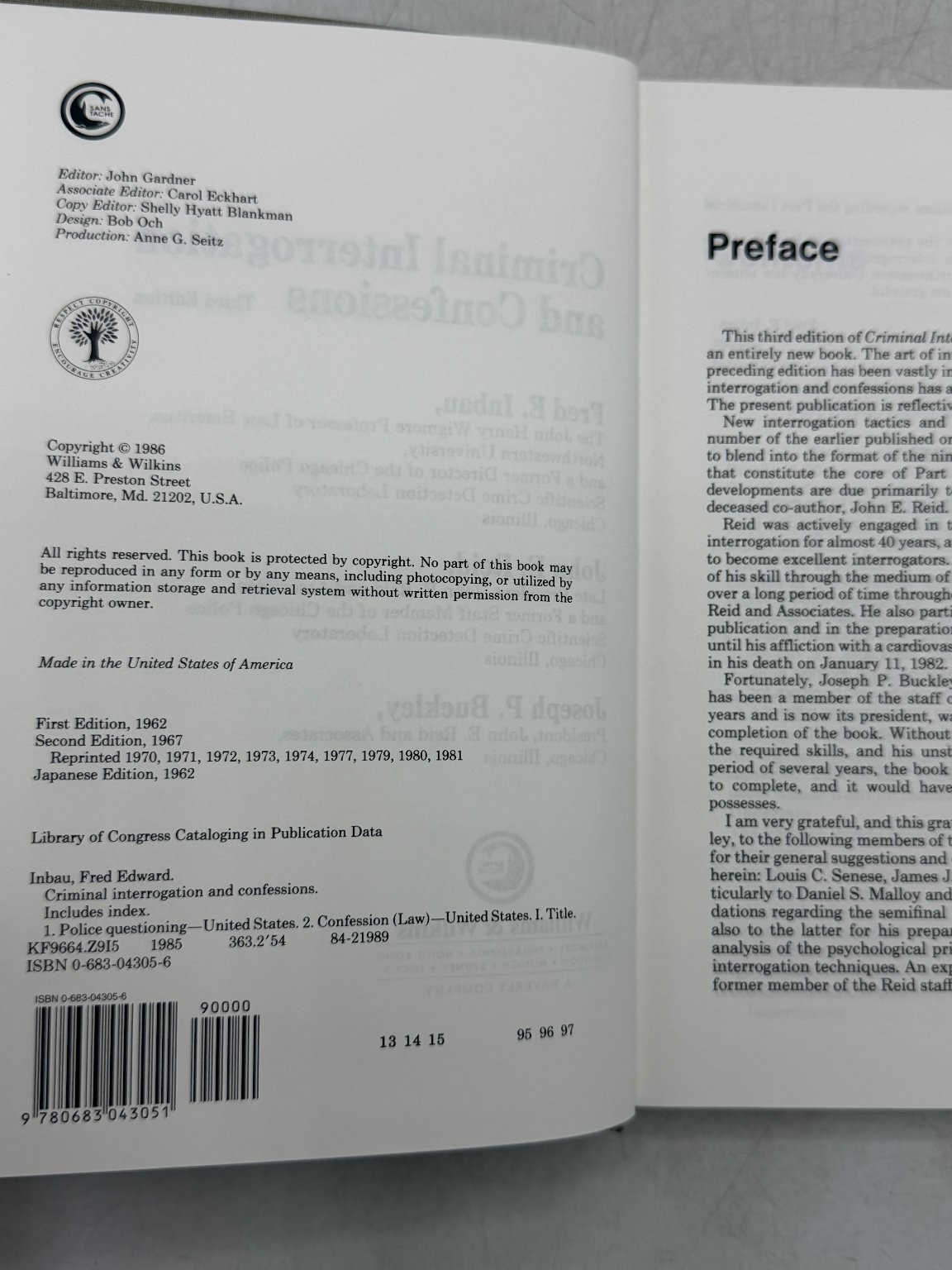 Criminal Interrogation and Confessions Inbau Reid Buckley 1986 Third Edition Law